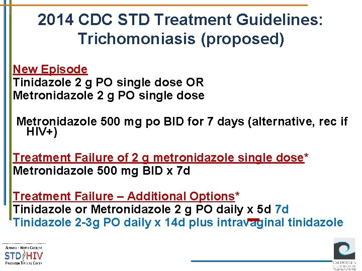 2014 CDC STD Treatment Guidelines: Trichomoniasis (proposed) New Episode Tinidazole 2 g PO single