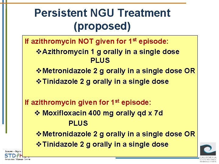 Persistent NGU Treatment (proposed) If azithromycin NOT given for 1 st episode: v. Azithromycin