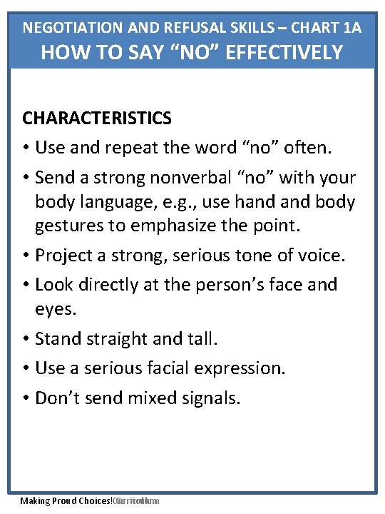 NEGOTIATION AND REFUSAL SKILLS – CHART 1 A HOW TO SAY “NO” EFFECTIVELY CHARACTERISTICS