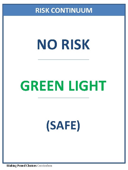 RISK CONTINUUM NO RISK GREEN LIGHT (SAFE) Making Proud Choices Curriculum 