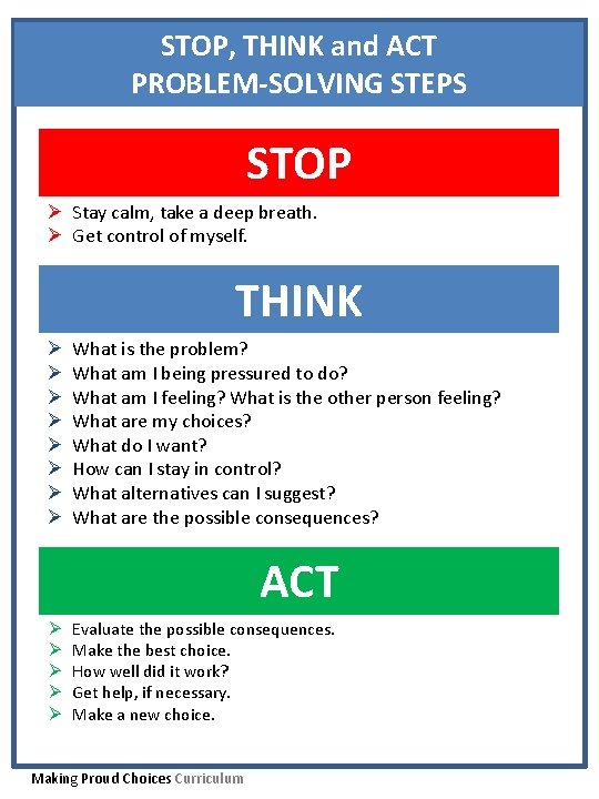 STOP, THINK and ACT PROBLEM-SOLVING STEPS STOP Ø Stay calm, take a deep breath.