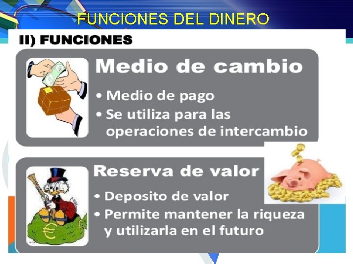 FUNCIONES DEL DINERO Como instrumento universal de cambio 1 2 Como elemento para el