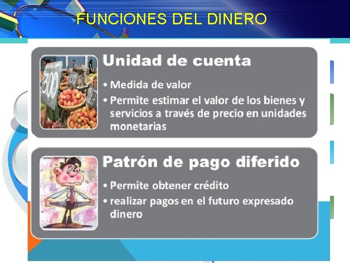 FUNCIONES DEL DINERO Como instrumento universal de cambio 1 2 Como elemento para el