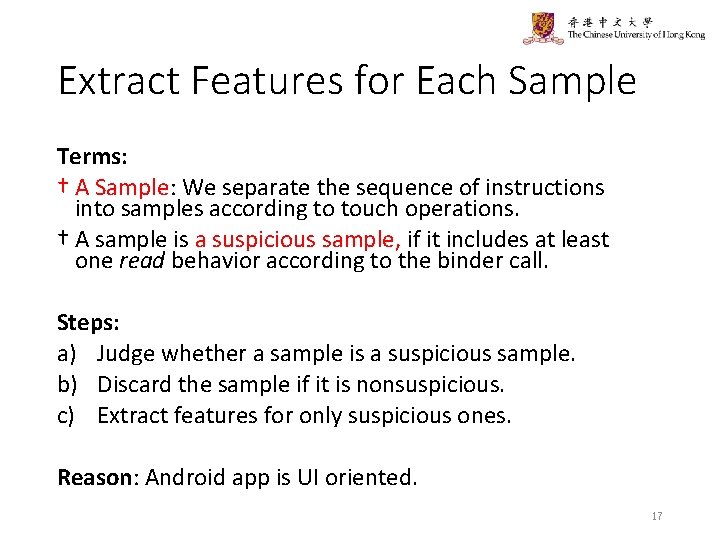 Extract Features for Each Sample Terms: † A Sample: We separate the sequence of
