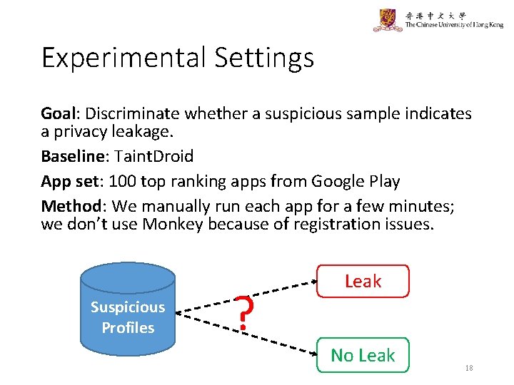 Experimental Settings Goal: Discriminate whether a suspicious sample indicates a privacy leakage. Baseline: Taint.