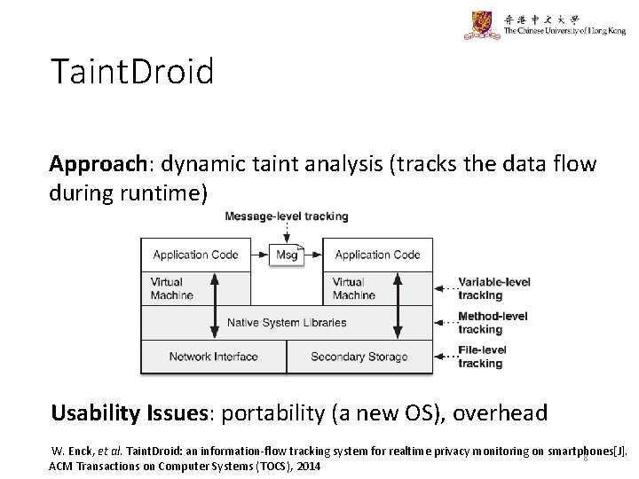 Taint. Droid Approach: dynamic taint analysis (tracks the data flow during runtime) Usability Issues: