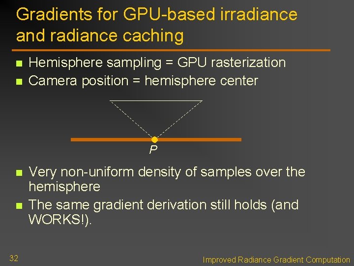 Gradients for GPU-based irradiance and radiance caching n n Hemisphere sampling = GPU rasterization Gradients for GPU-based irradiance and radiance caching n n Hemisphere sampling = GPU rasterization