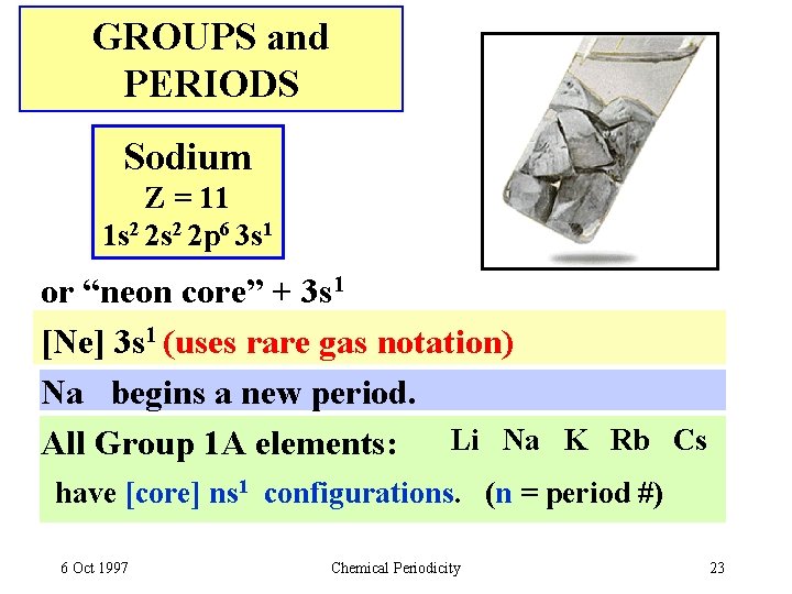 GROUPS and PERIODS Sodium Z = 11 1 s 2 2 p 6 3