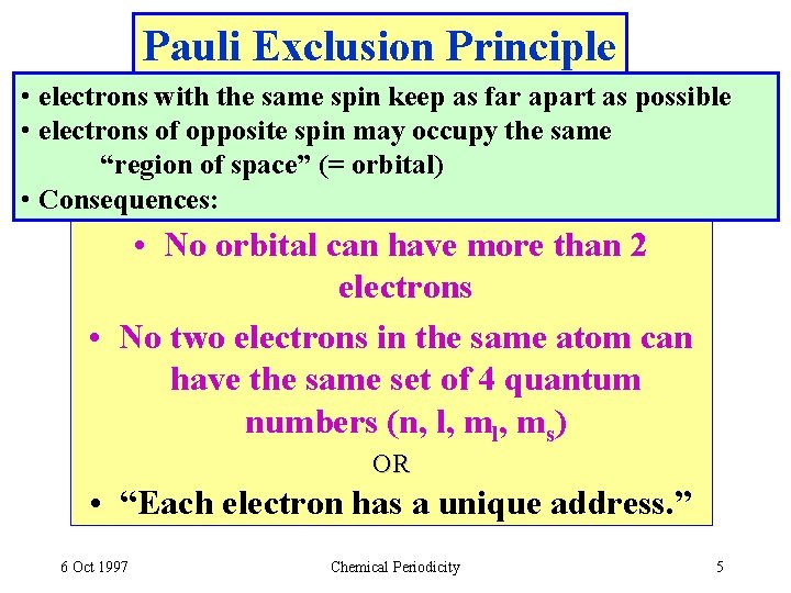 Pauli Exclusion Principle • electrons with the same spin keep as far apart as