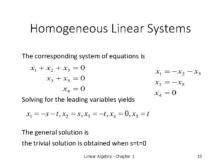 Homogeneous Linear Systems The corresponding system of equations is Solving for the leading variables