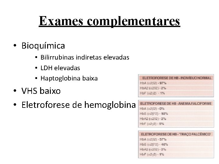 Exames complementares • Bioquímica • Bilirrubinas indiretas elevadas • LDH elevadas • Haptoglobina baixa