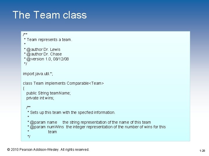 The Team class /** * Team represents a team. * * @author Dr. Lewis