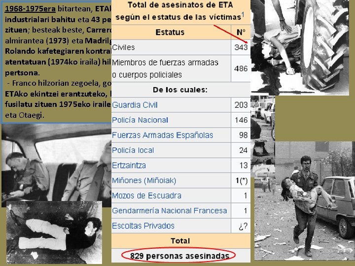 1968 -1975 era bitartean, ETAk zenbait industrialari bahitu eta 43 pertsona hil zituen; besteak