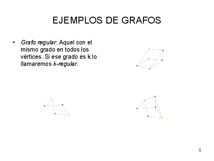 EJEMPLOS DE GRAFOS • Grafo regular: Aquel con el mismo grado en todos los