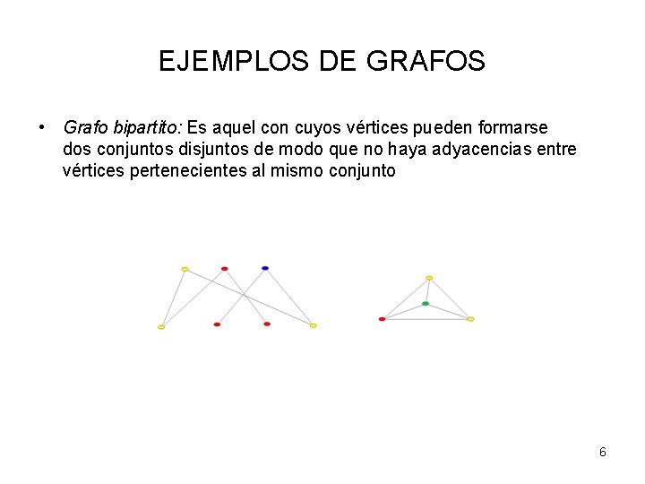 EJEMPLOS DE GRAFOS • Grafo bipartito: Es aquel con cuyos vértices pueden formarse dos