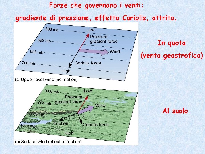 Forze che governano i venti: gradiente di pressione, effetto Coriolis, attrito. In quota (vento