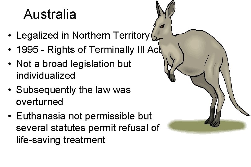 Australia • Legalized in Northern Territory • 1995 - Rights of Terminally Ill Act