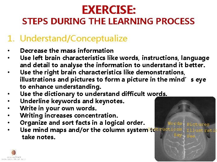 EXERCISE: STEPS DURING THE LEARNING PROCESS 1. Understand/Conceptualize • • • Decrease the mass