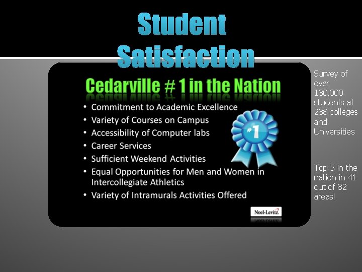 Student Satisfaction Survey of over 130, 000 students at 288 colleges and Universities Top