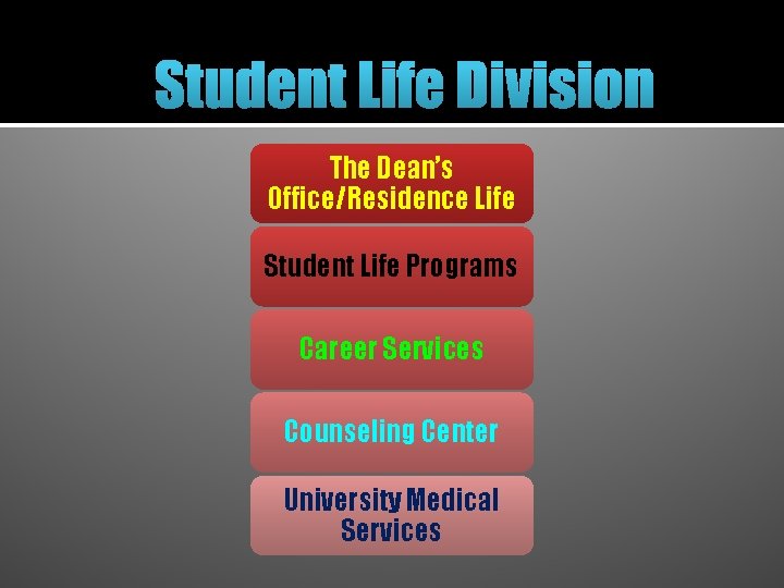 Student Life Division The Dean’s Office/Residence Life Student Life Programs Career Services Counseling Center