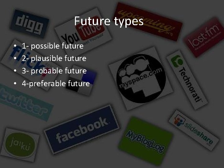 Future types • • 1 - possible future 2 - plausible future 3 -