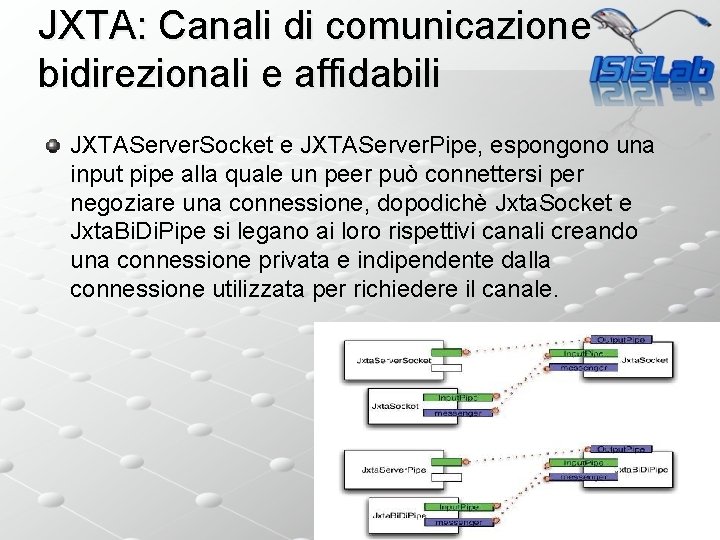 JXTA: Canali di comunicazione bidirezionali e affidabili JXTAServer. Socket e JXTAServer. Pipe, espongono una