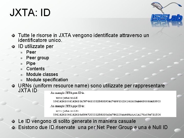 JXTA: ID Tutte le risorse in JXTA vengono identificate attraverso un identificatore unico. ID