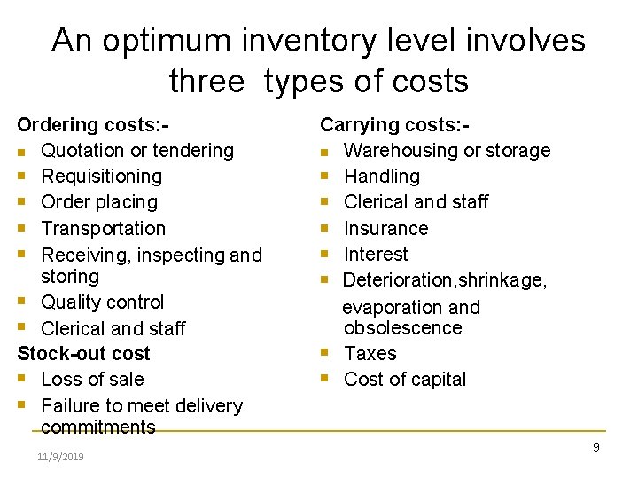 An optimum inventory level involves three types of costs Ordering costs: Quotation or tendering