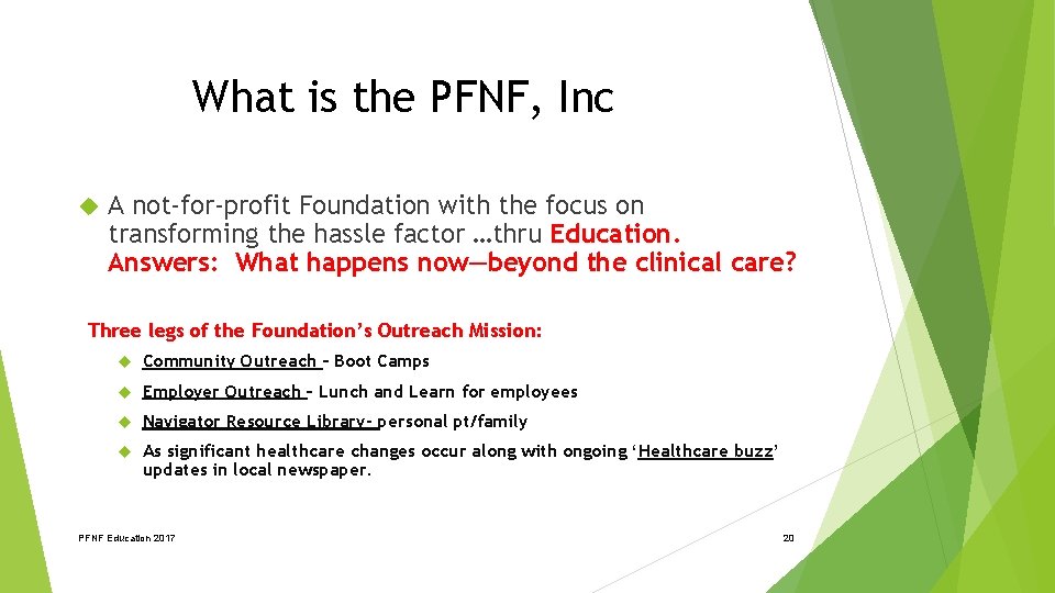 What is the PFNF, Inc A not-for-profit Foundation with the focus on transforming the