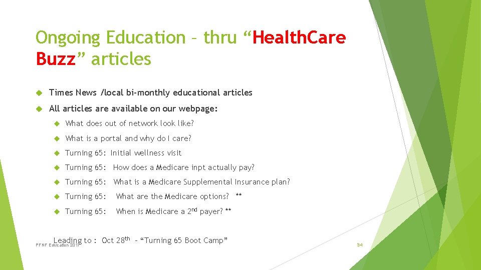 Ongoing Education – thru “Health. Care Buzz” articles Times News /local bi-monthly educational articles