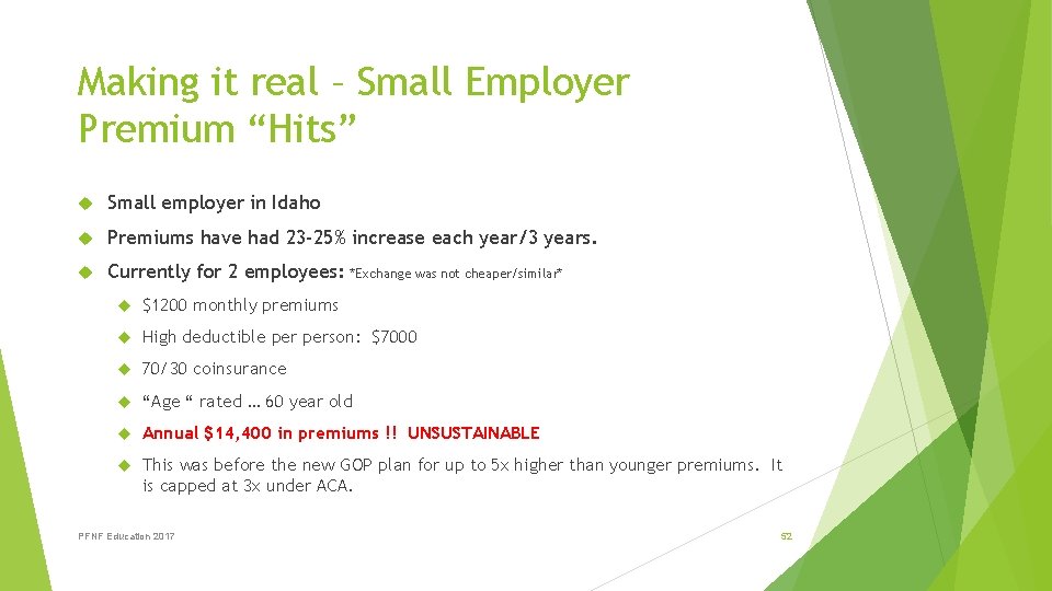 Making it real – Small Employer Premium “Hits” Small employer in Idaho Premiums have