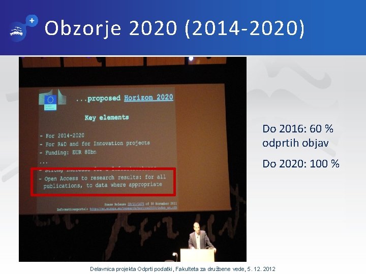Obzorje 2020 (2014 -2020) Do 2016: 60 % odprtih objav Do 2020: 100 %
