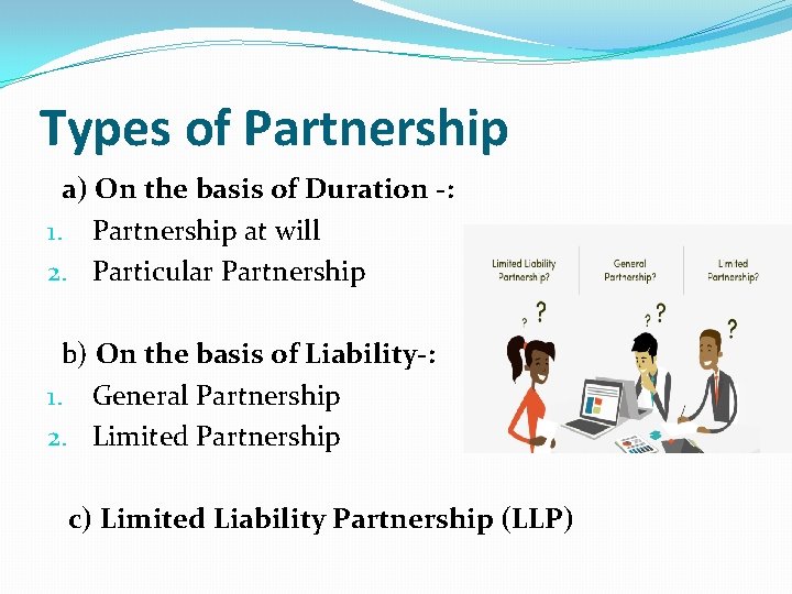 Types of Partnership a) On the basis of Duration -: 1. Partnership at will