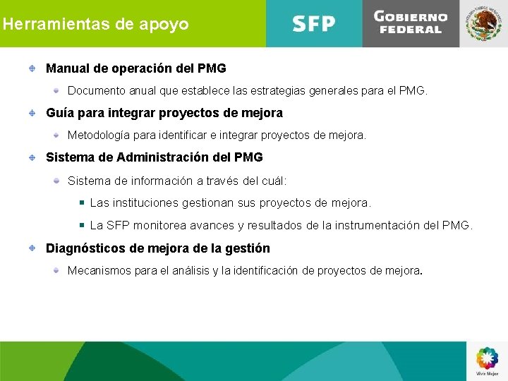 Herramientas de apoyo Manual de operación del PMG Documento anual que establece las estrategias