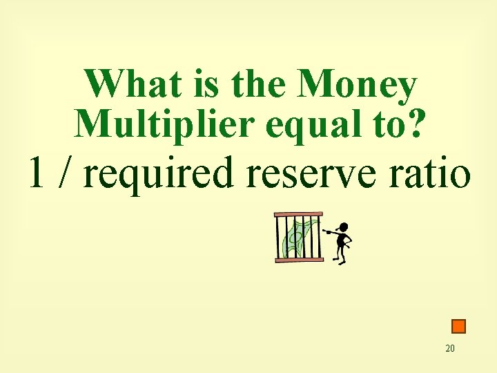 What is the Money Multiplier equal to? 1 / required reserve ratio 20 