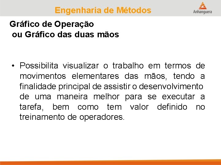 Engenharia de Métodos Gráfico de Operação ou Gráfico das duas mãos • Possibilita visualizar