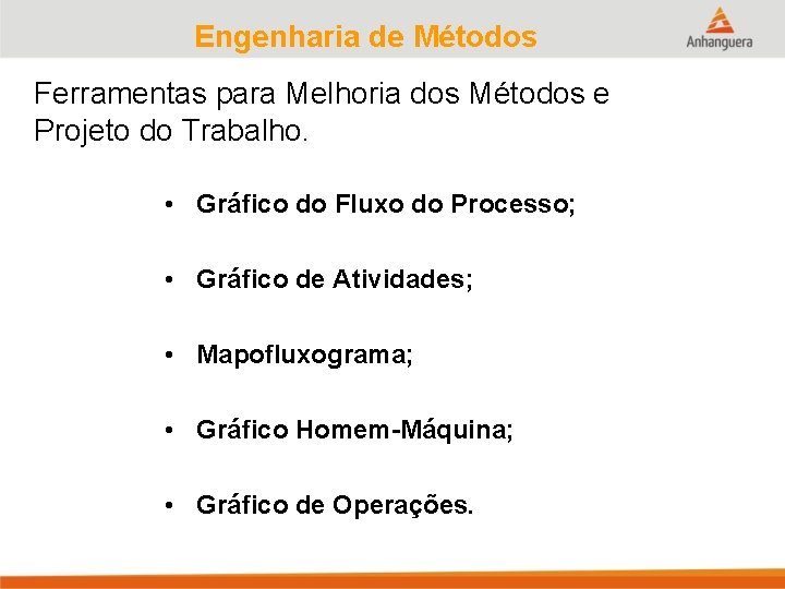 Engenharia de Métodos Ferramentas para Melhoria dos Métodos e Projeto do Trabalho. • Gráfico