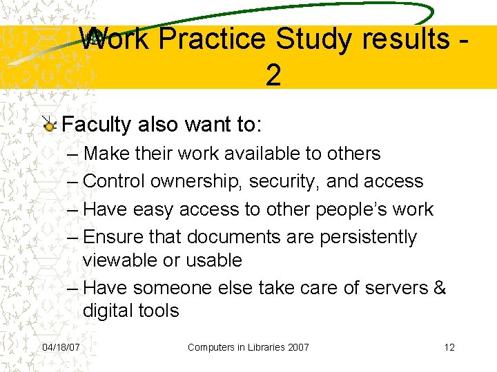 Work Practice Study results 2 Faculty also want to: – Make their work available