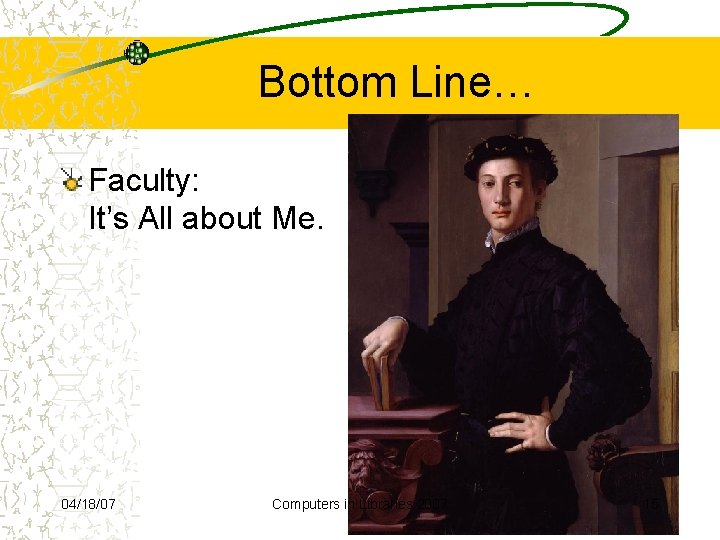 Bottom Line… Faculty: It’s All about Me. 04/18/07 Computers in Libraries 2007 15 