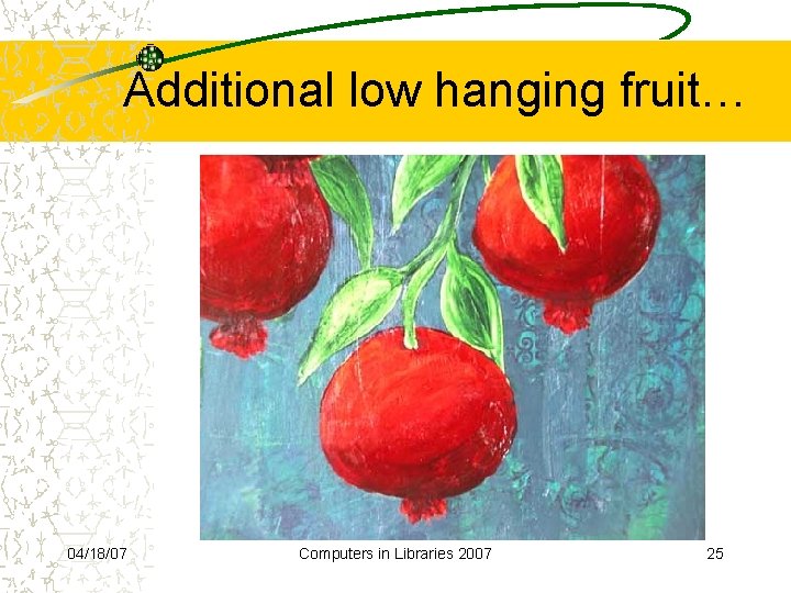 Additional low hanging fruit… 04/18/07 Computers in Libraries 2007 25 