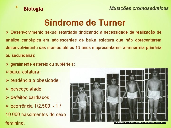 * Mutações cromossômicas Biologia Síndrome de Turner Ø Desenvolvimento sexual retardado (indicando a necessidade