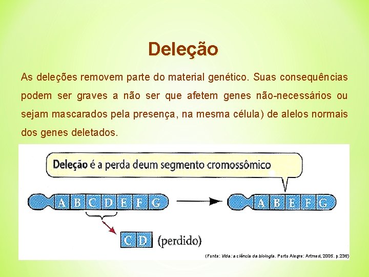 Deleção As deleções removem parte do material genético. Suas consequências podem ser graves a