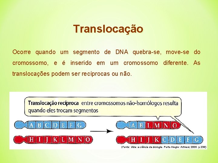 Translocação Ocorre quando um segmento de DNA quebra-se, move-se do cromossomo, e é inserido