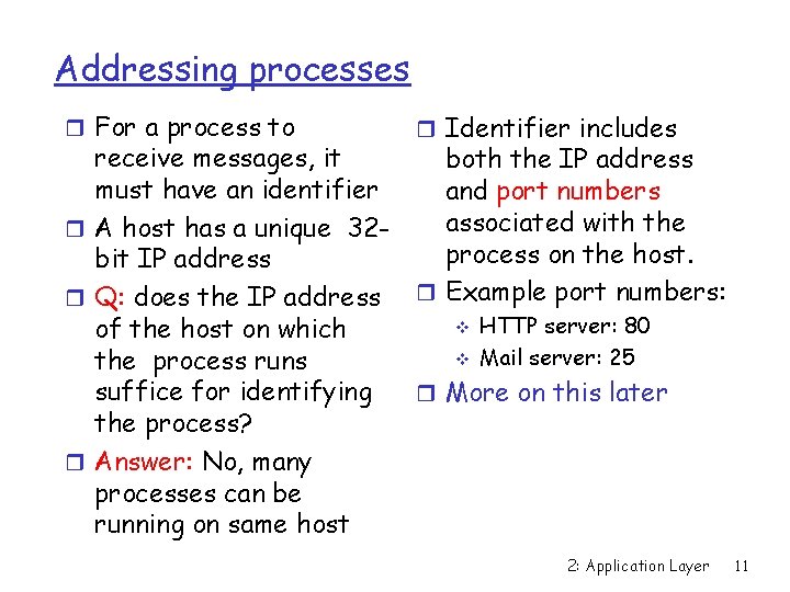 Addressing processes r For a process to r Identifier includes receive messages, it both