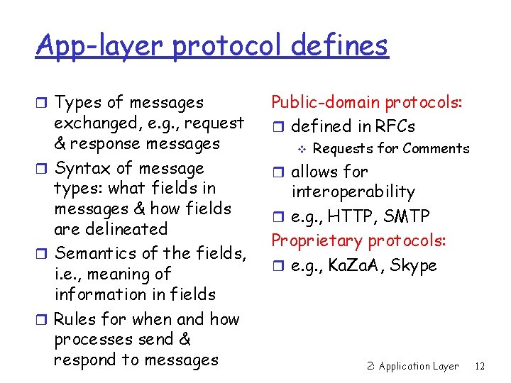 App-layer protocol defines r Types of messages exchanged, e. g. , request & response