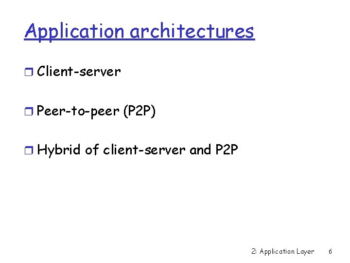 Application architectures r Client-server r Peer-to-peer (P 2 P) r Hybrid of client-server and