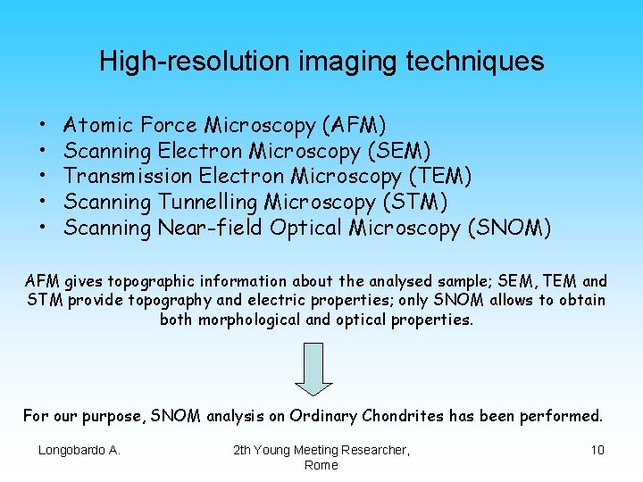 High-resolution imaging techniques • • • Atomic Force Microscopy (AFM) Scanning Electron Microscopy (SEM)