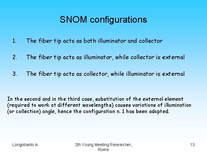 SNOM configurations 1. The fiber tip acts as both illuminator and collector 2. The