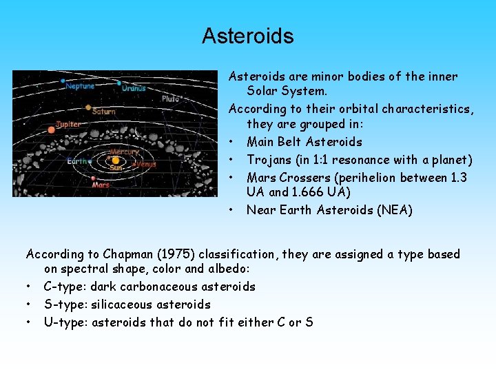 Asteroids are minor bodies of the inner Solar System. According to their orbital characteristics,