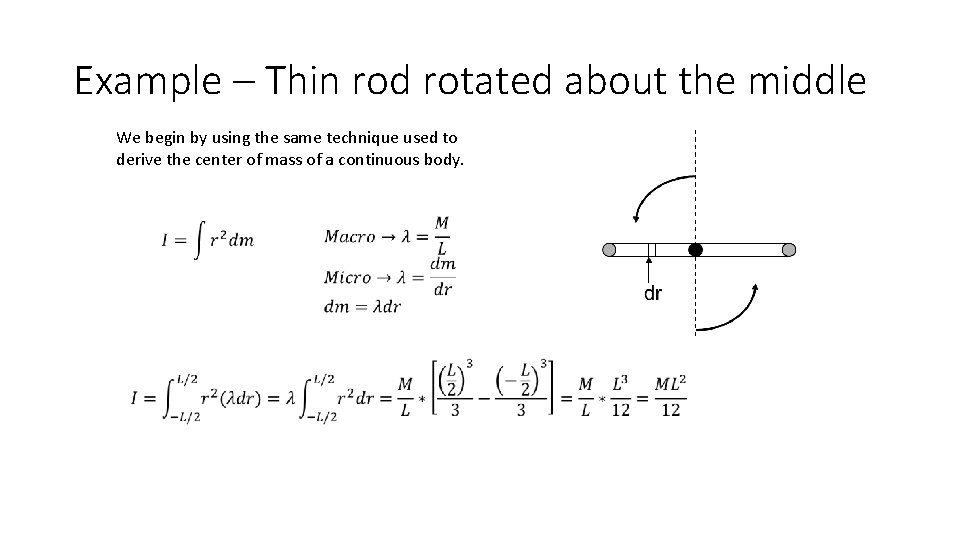 Example – Thin rod rotated about the middle We begin by using the same